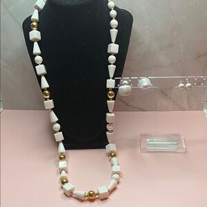 Vintage Trifari White and Gold Tone Long Plastic Beaded Necklace & Earrings
